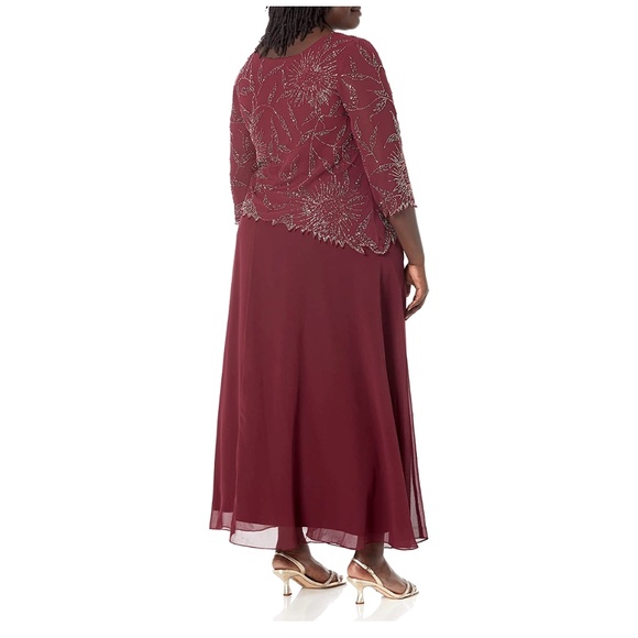 J Kara Women's 3/4 Sleeve Beaded Mock 2 Piece Dress Cranberry/Multi 12P - Picture 4 of 12